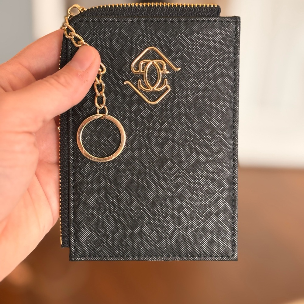 Glass Ladder Black Women’s Zip Keychain Card Wallet with Gold Hardware